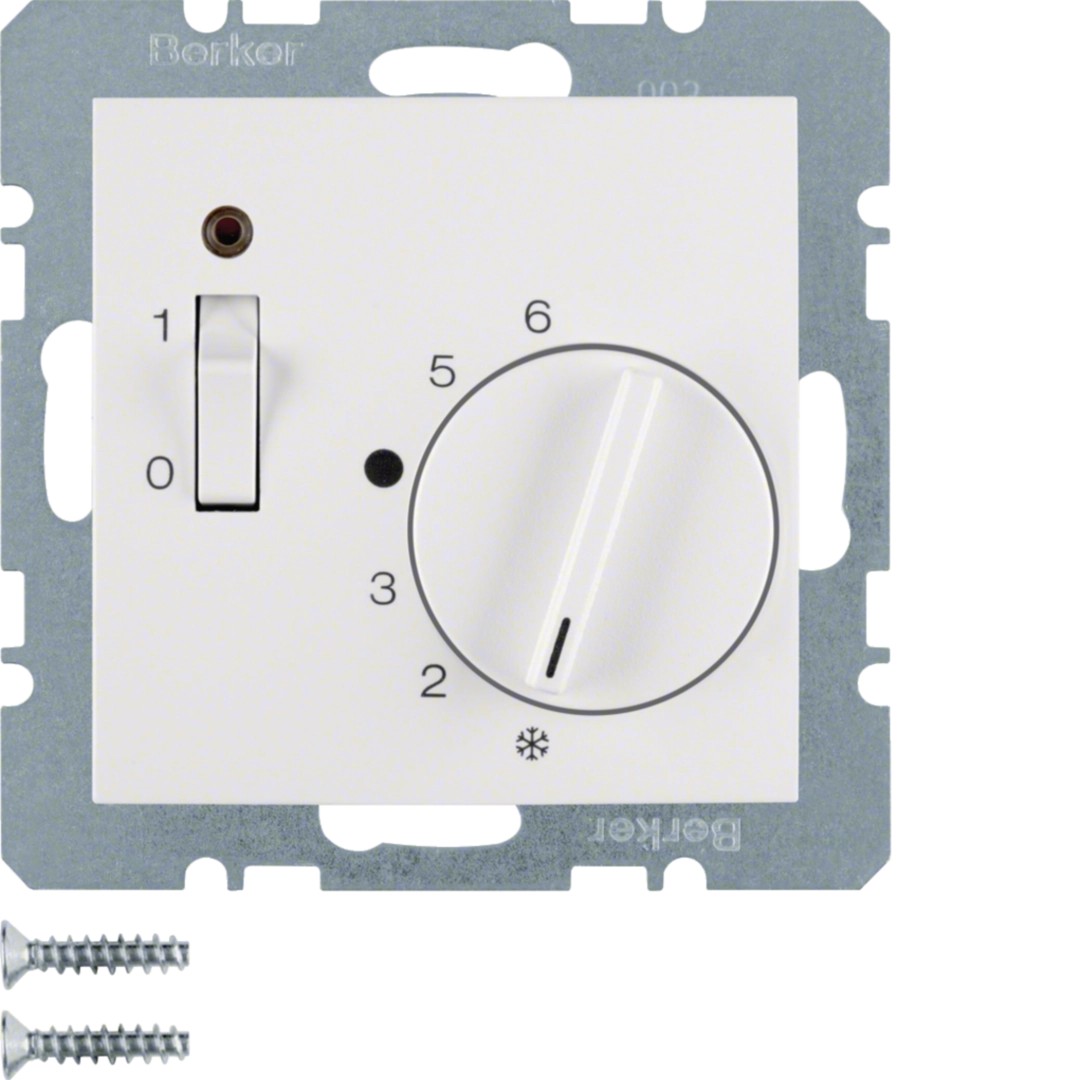 Berker 20308989 Temp.-Regler mit Öffner, Zentralstück, Wippschalter. u. LED S.1 / B.3 / B.7 polarweiß, glänzend