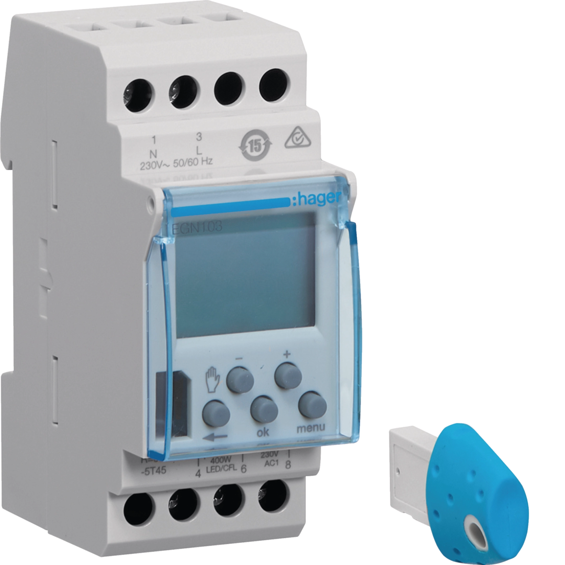 Hager Wochenschaltuhr, 1 Wechsler, 16A, 2 PLE, digital inkl.Bluetooth-Programmierschlüssel