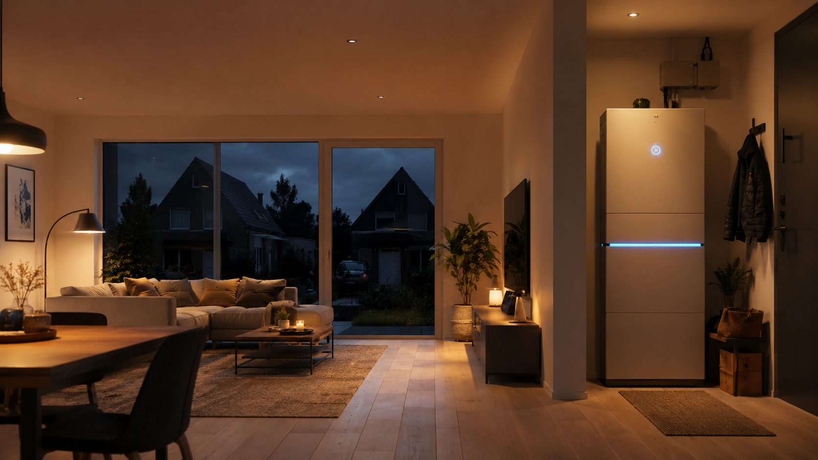 KI-generiertes Symbolbild: Wohnzimmer hell erleuchtet während draußen Stromausfall ist